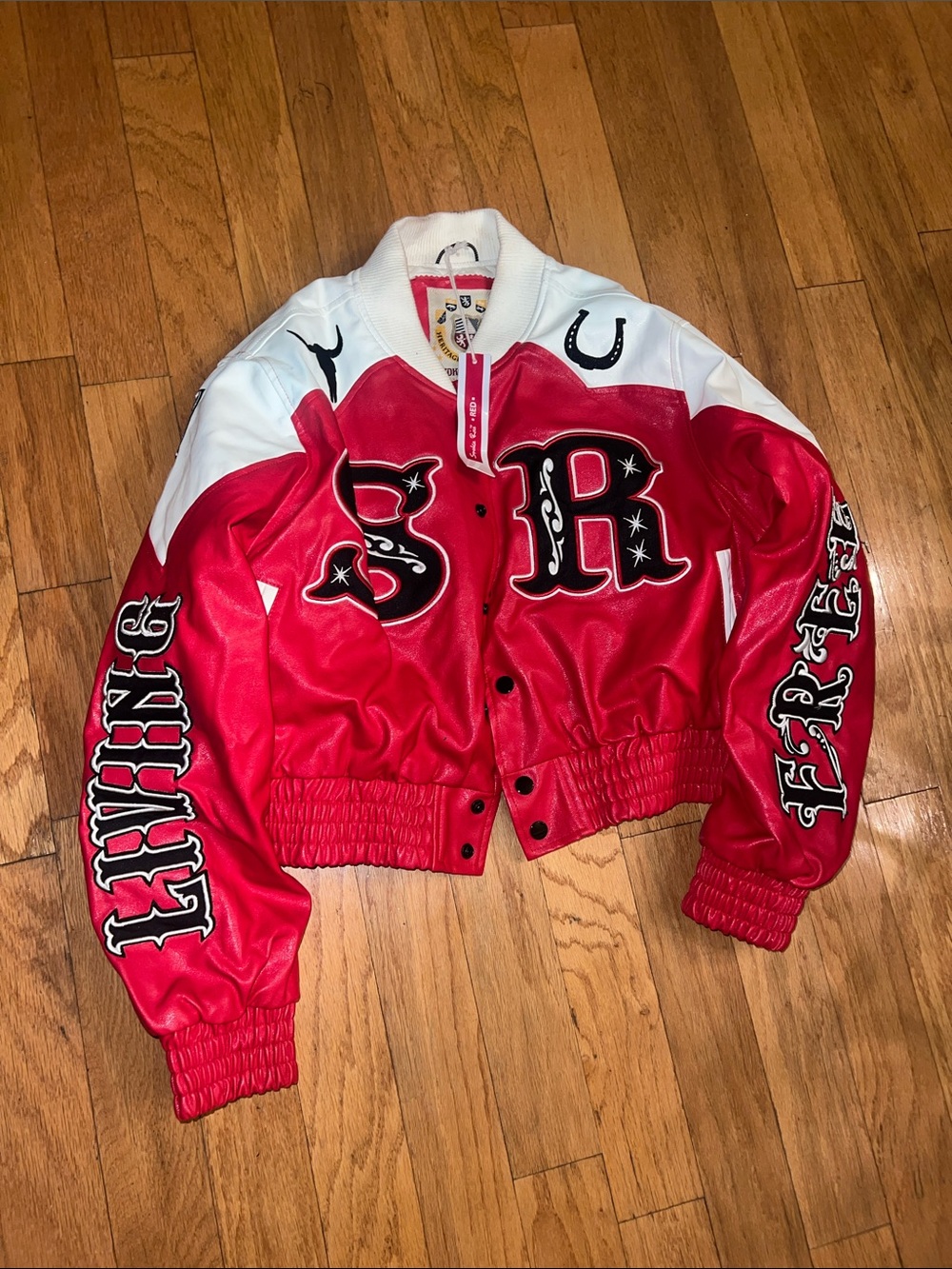 Red and White Cropped Varsity Jacket with Embroidered Letters